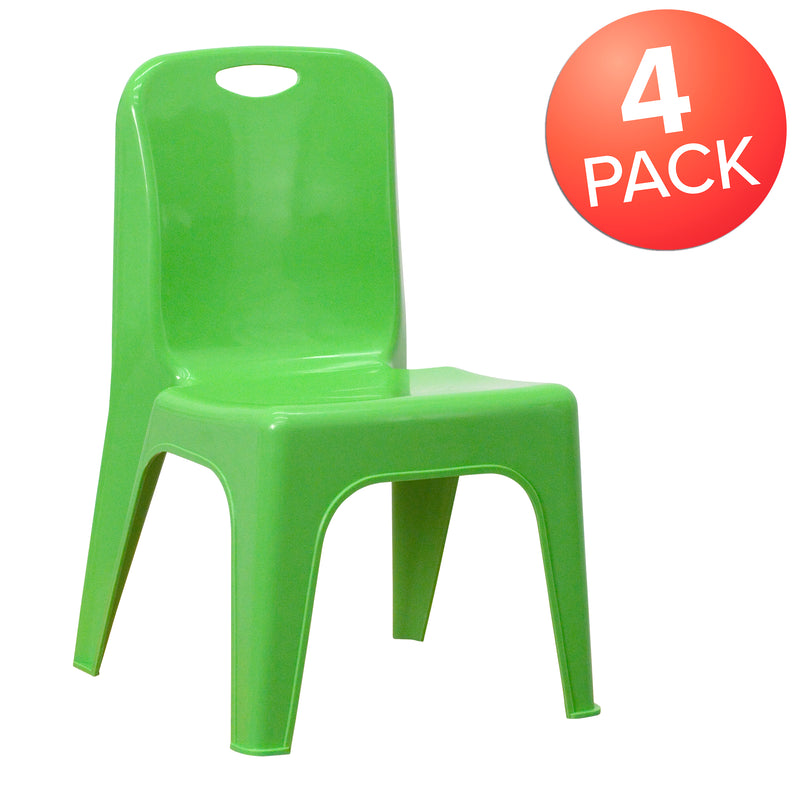 4 Pack Green Plastic Stackable School Chair with Carrying Handle and 11'' Seat Height