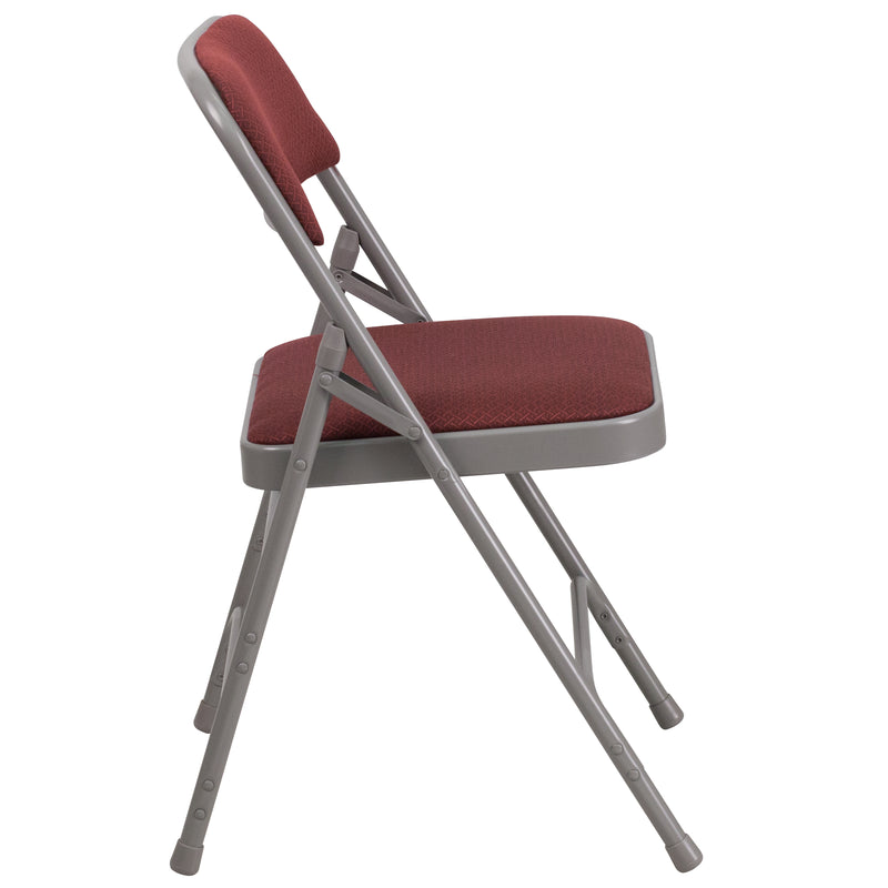 SINGLEWAVE Series Curved Triple Braced & Double Hinged Burgundy Patterned Fabric Metal Folding Chair