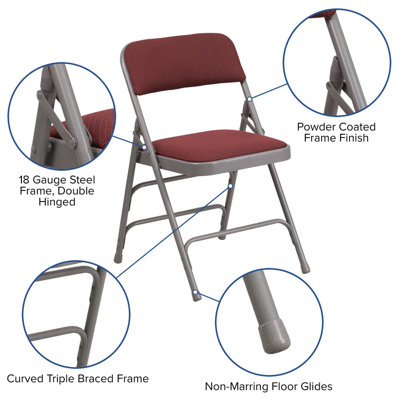 SINGLEWAVE Series Curved Triple Braced & Double Hinged Burgundy Patterned Fabric Metal Folding Chair