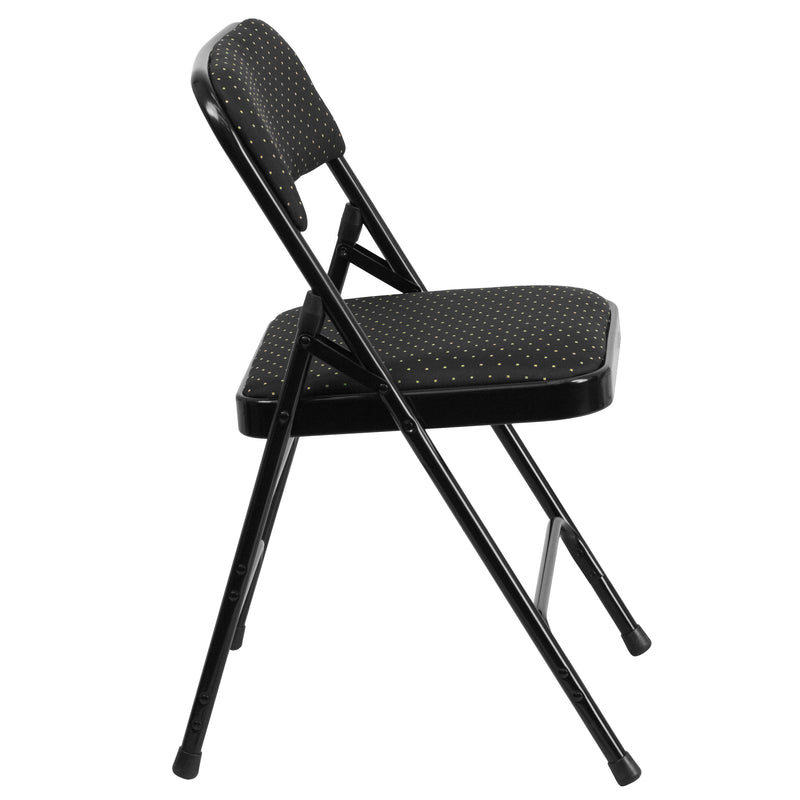 SINGLEWAVE Series Curved Triple Braced & Double Hinged Black Patterned Fabric Metal Folding Chair