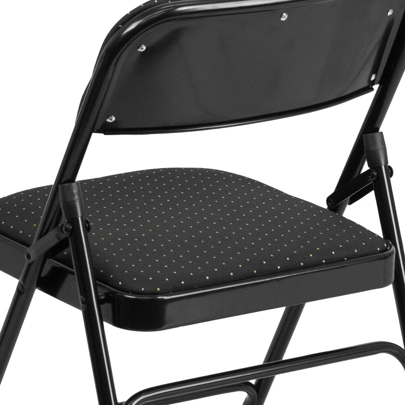 SINGLEWAVE Series Curved Triple Braced & Double Hinged Black Patterned Fabric Metal Folding Chair