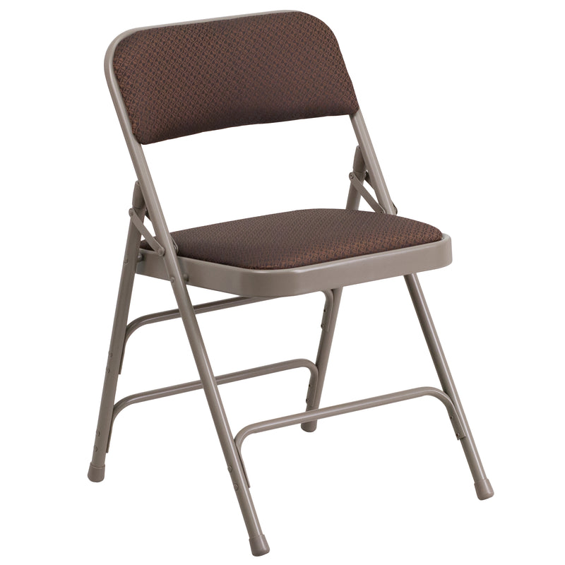 SINGLEWAVE Series Curved Triple Braced & Double Hinged Brown Patterned Fabric Metal Folding Chair