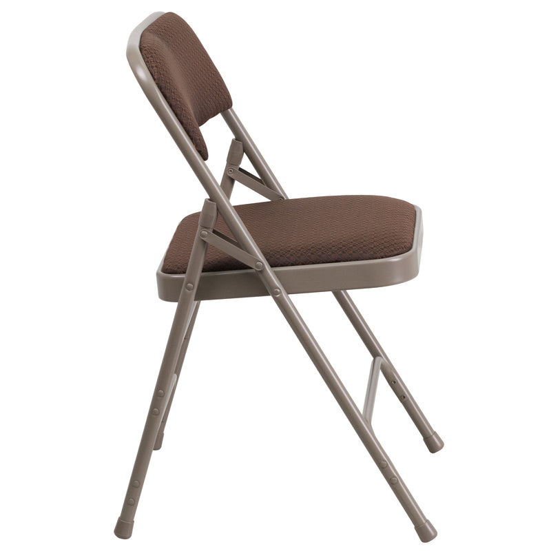 SINGLEWAVE Series Curved Triple Braced & Double Hinged Brown Patterned Fabric Metal Folding Chair