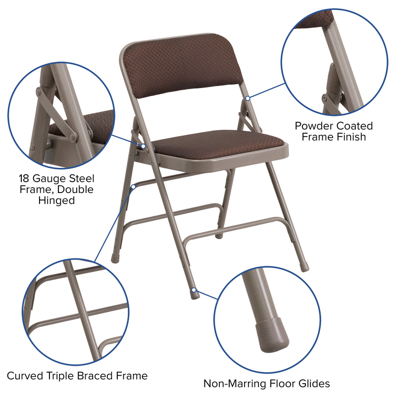 SINGLEWAVE Series Curved Triple Braced & Double Hinged Brown Patterned Fabric Metal Folding Chair