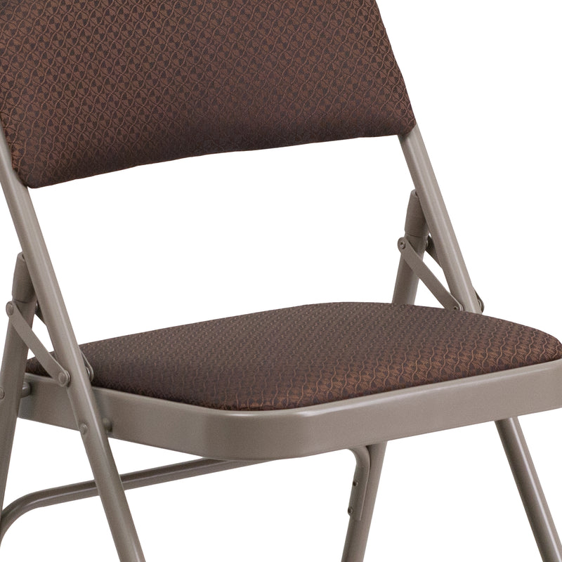 SINGLEWAVE Series Curved Triple Braced & Double Hinged Brown Patterned Fabric Metal Folding Chair