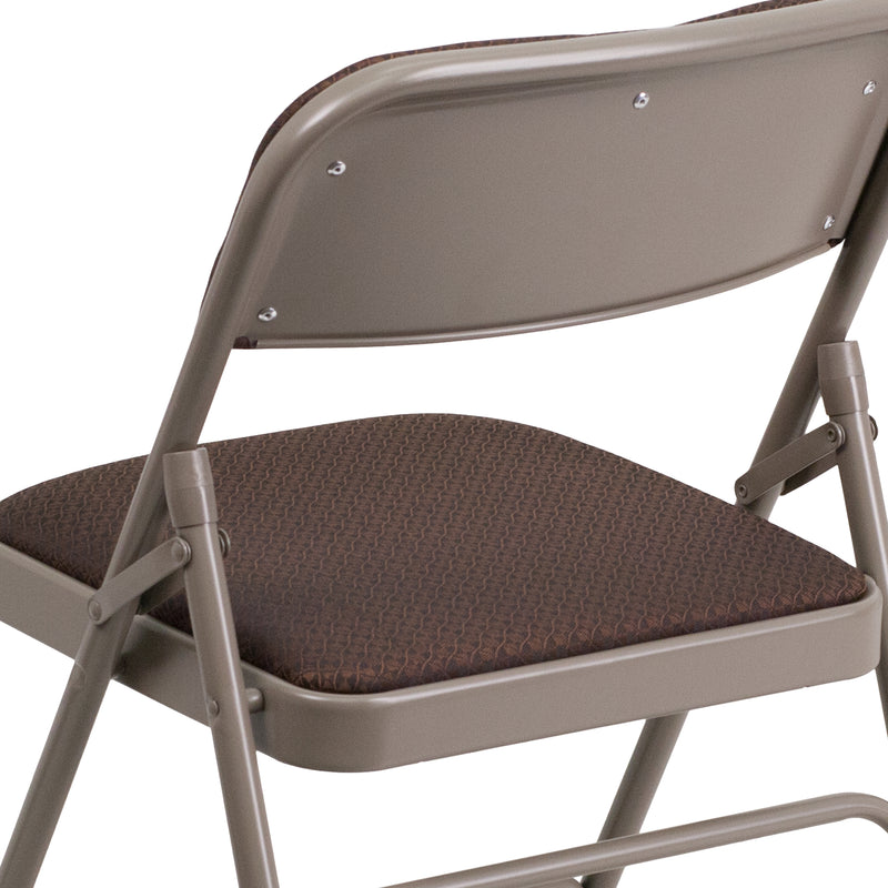 SINGLEWAVE Series Curved Triple Braced & Double Hinged Brown Patterned Fabric Metal Folding Chair