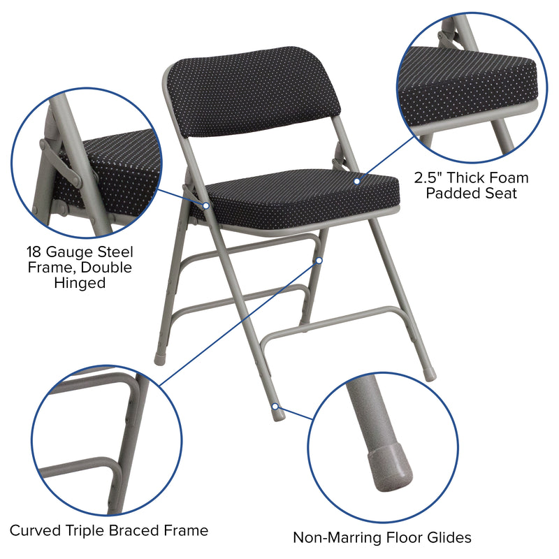 SINGLEWAVE Series Premium Curved Triple Braced & Double Hinged Black Pin-Dot Fabric Metal Folding Chair