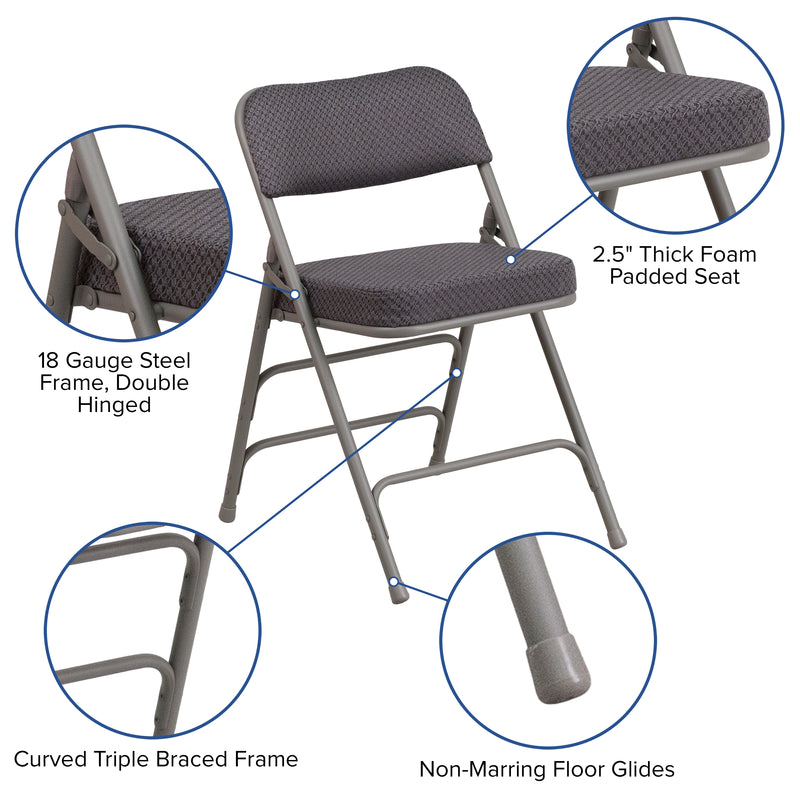 SINGLEWAVE Series Premium Curved Triple Braced & Double Hinged Gray Fabric Metal Folding Chair