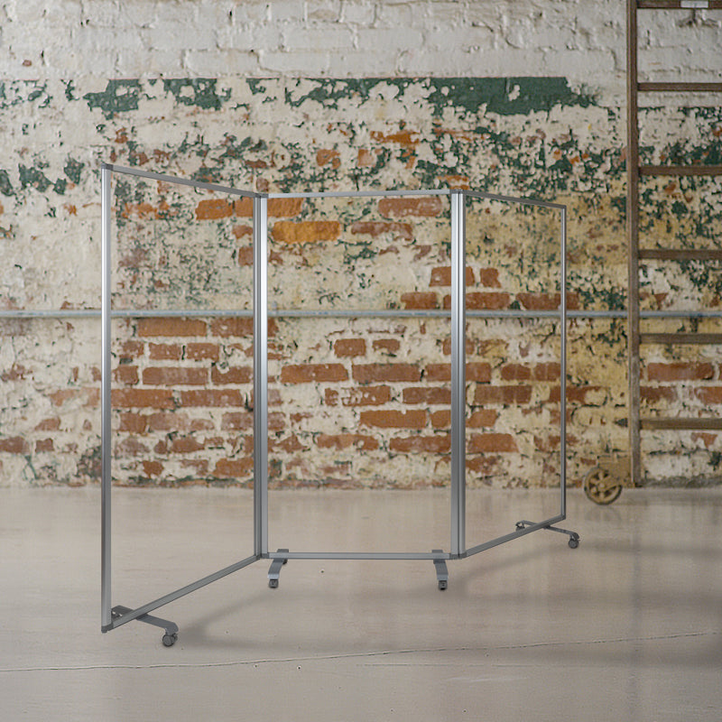 Transparent Acrylic Mobile Partition with Lockable Casters, 72"H x 36"L (3 Sections Included)