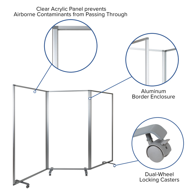 Transparent Acrylic Mobile Partition with Lockable Casters, 72"H x 36"L (3 Sections Included)