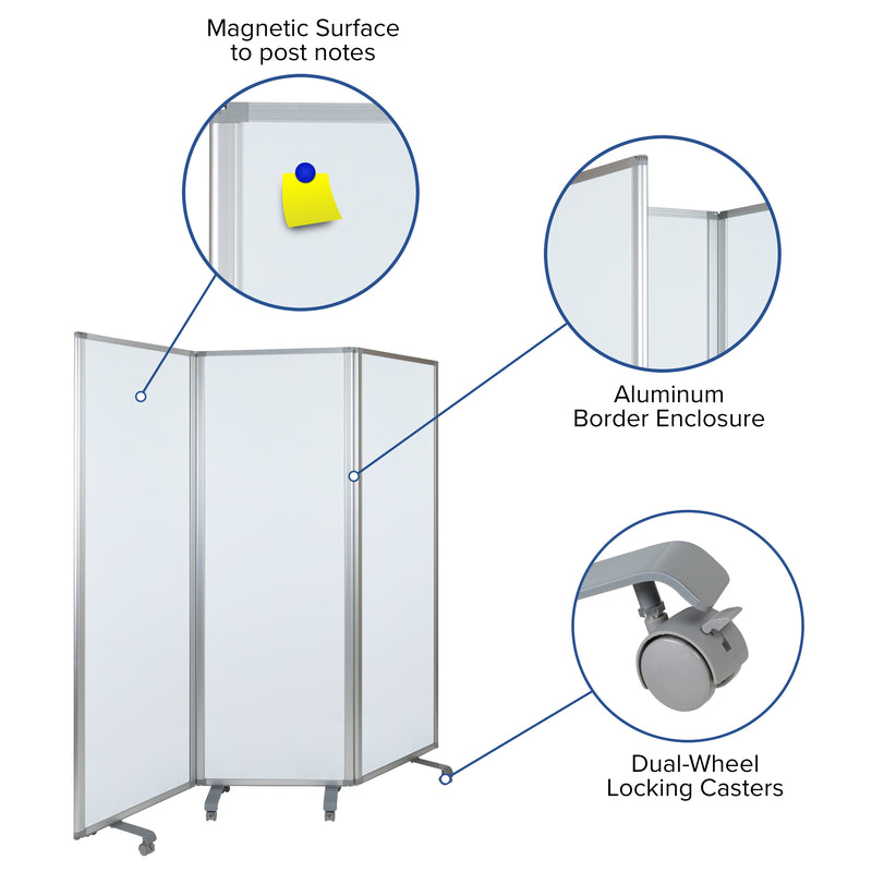 Mobile Magnetic Whiteboard Partition with Lockable Casters, 72"H x 24"W (3 sections included)