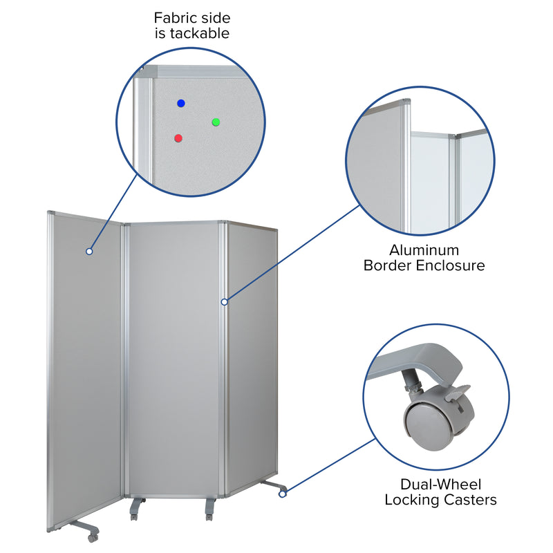 Double Sided Mobile Magnetic Whiteboard/Cloth Partition with Lockable Casters, 72"H x 24"W (3 sections included)