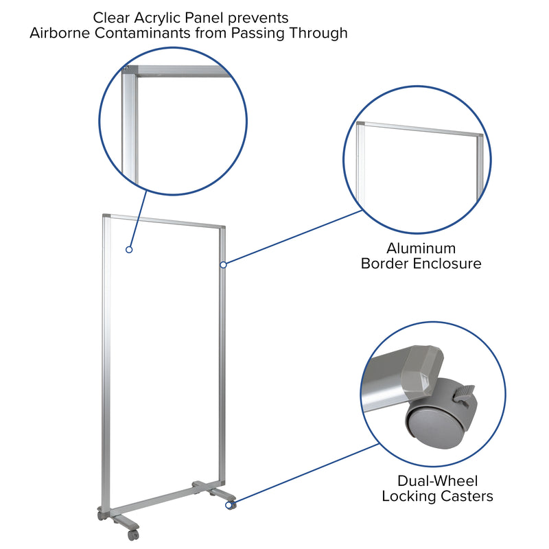 Transparent Acrylic Mobile Partition with Lockable Casters, 72"H x 36"L