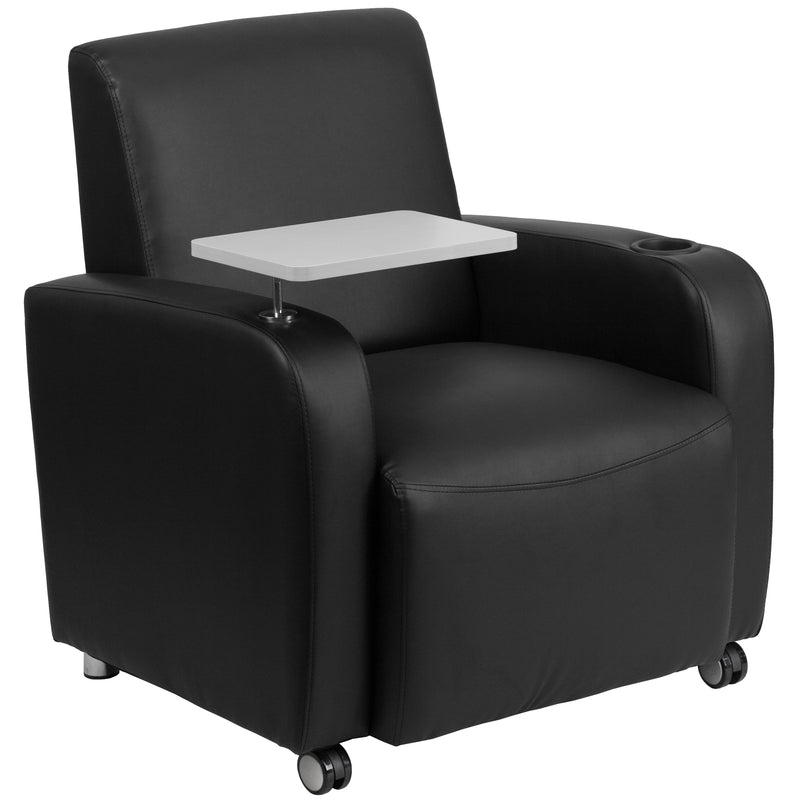 Black LeatherSoft Guest Chair with Tablet Arm, Front Wheel Casters and Cup Holder