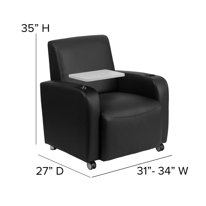 Black LeatherSoft Guest Chair with Tablet Arm, Front Wheel Casters and Cup Holder