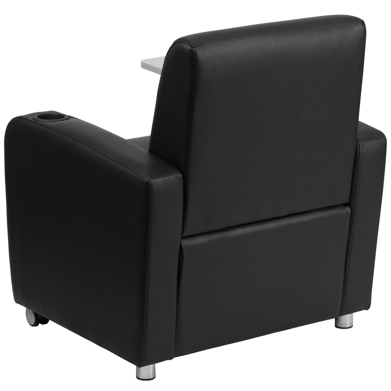 Black LeatherSoft Guest Chair with Tablet Arm, Front Wheel Casters and Cup Holder