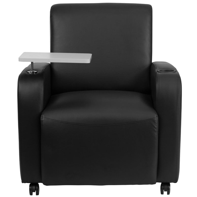 Black LeatherSoft Guest Chair with Tablet Arm, Front Wheel Casters and Cup Holder