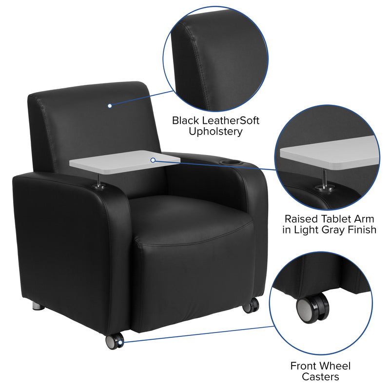 Black LeatherSoft Guest Chair with Tablet Arm, Front Wheel Casters and Cup Holder