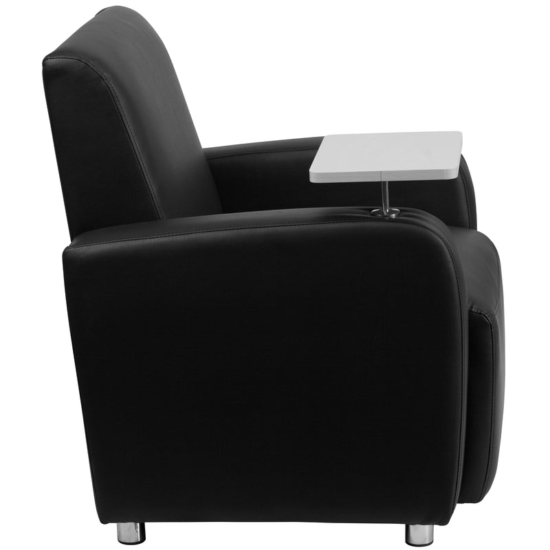 Black LeatherSoft Guest Chair with Tablet Arm, Chrome Legs and Cup Holder