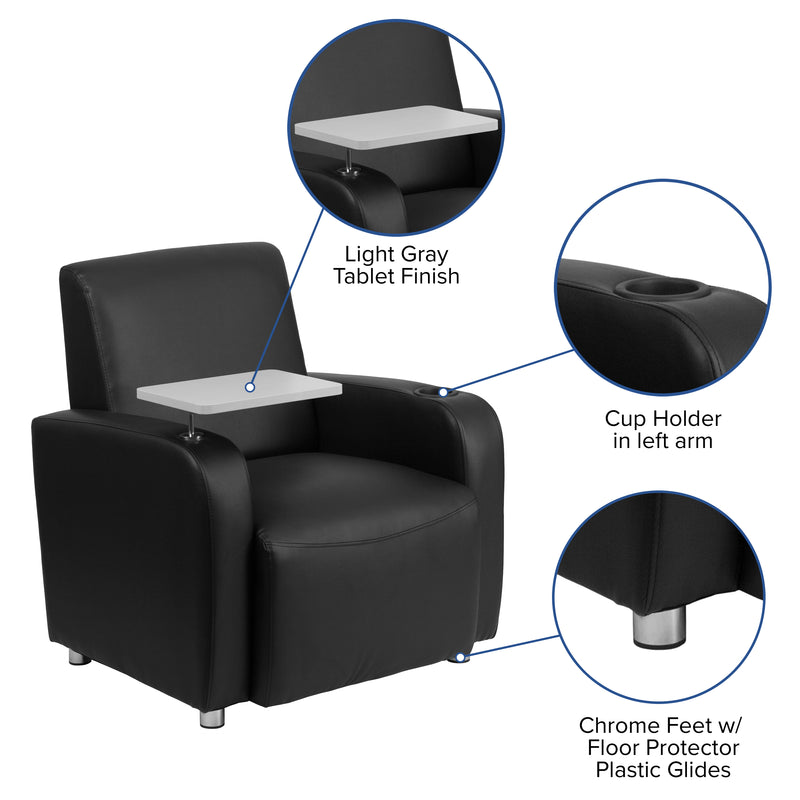 Black LeatherSoft Guest Chair with Tablet Arm, Chrome Legs and Cup Holder