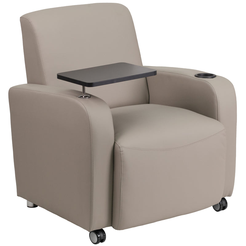 Gray LeatherSoft Guest Chair with Tablet Arm, Front Wheel Casters and Cup Holder