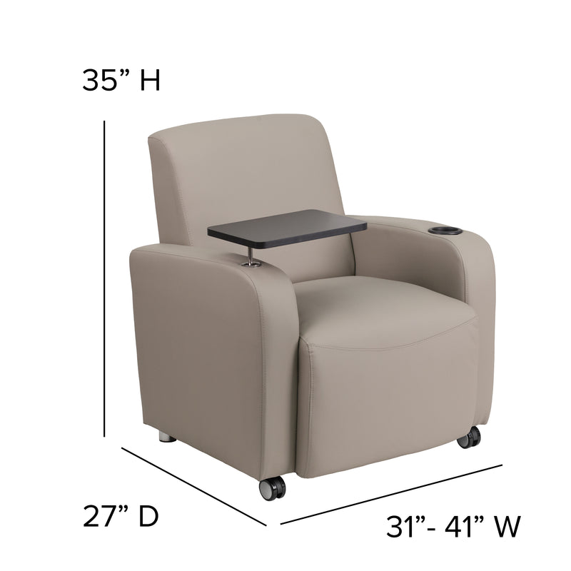 Gray LeatherSoft Guest Chair with Tablet Arm, Front Wheel Casters and Cup Holder