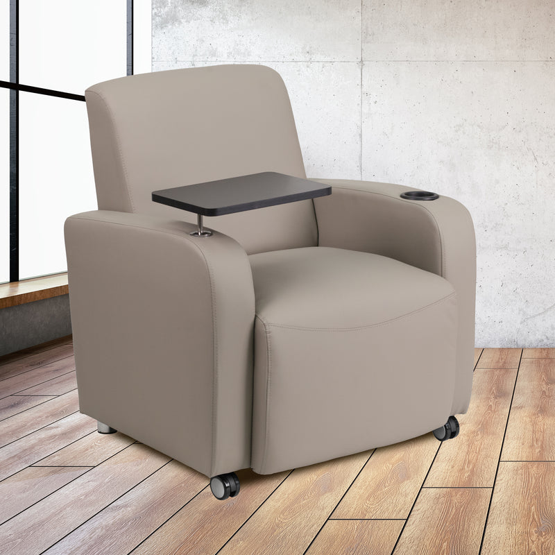 Gray LeatherSoft Guest Chair with Tablet Arm, Front Wheel Casters and Cup Holder