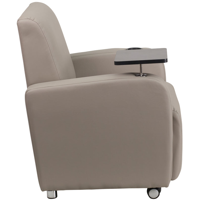 Gray LeatherSoft Guest Chair with Tablet Arm, Front Wheel Casters and Cup Holder