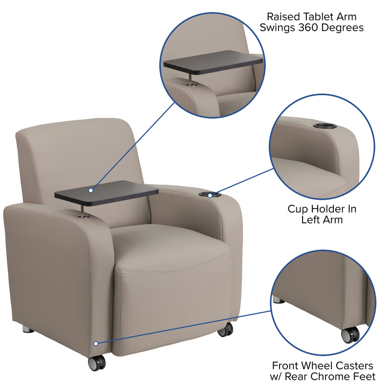 Gray LeatherSoft Guest Chair with Tablet Arm, Front Wheel Casters and Cup Holder