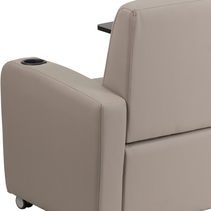 Gray LeatherSoft Guest Chair with Tablet Arm, Front Wheel Casters and Cup Holder