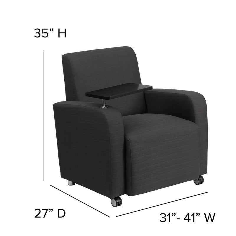 Gray Fabric Guest Chair with Tablet Arm and Front Wheel Casters