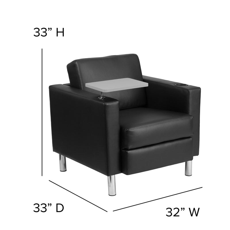 Black LeatherSoft Guest Chair with Tablet Arm, Tall Chrome Legs and Cup Holder