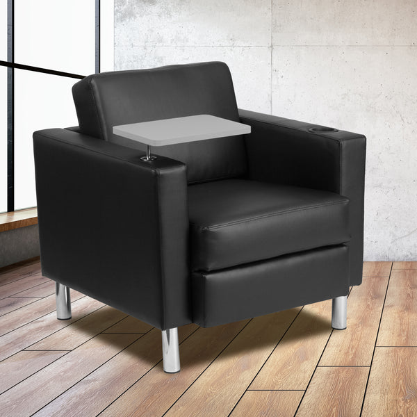 Black LeatherSoft Guest Chair with Tablet Arm, Tall Chrome Legs and Cup Holder