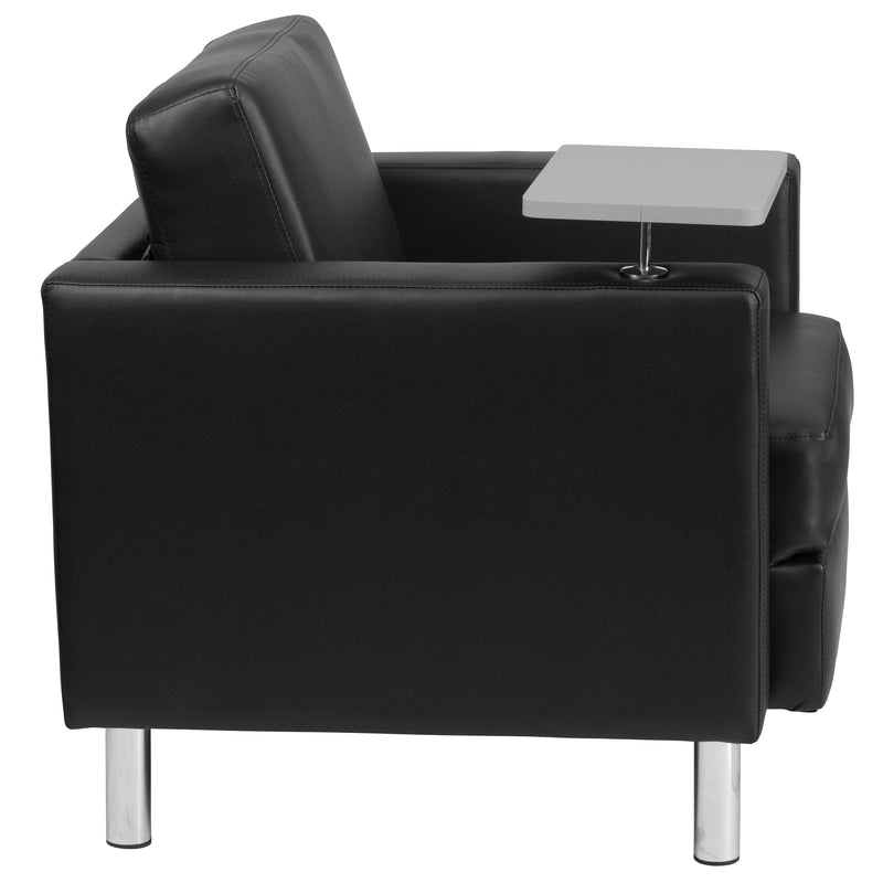 Black LeatherSoft Guest Chair with Tablet Arm, Tall Chrome Legs and Cup Holder