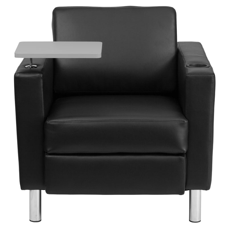 Black LeatherSoft Guest Chair with Tablet Arm, Tall Chrome Legs and Cup Holder