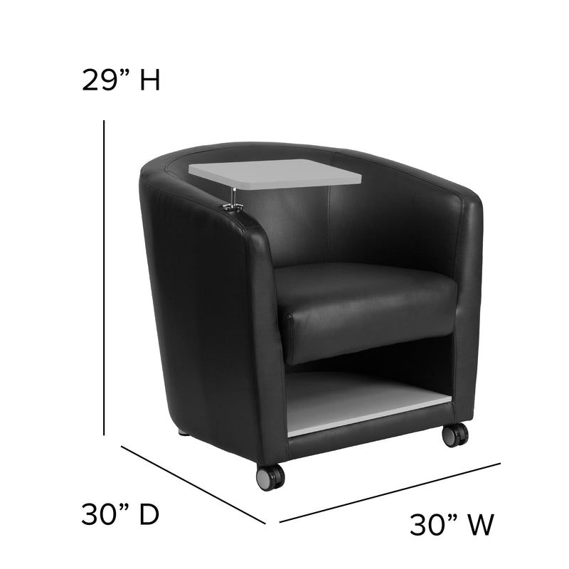 Black LeatherSoft Guest Chair with Tablet Arm, Front Wheel Casters and Under Seat Storage