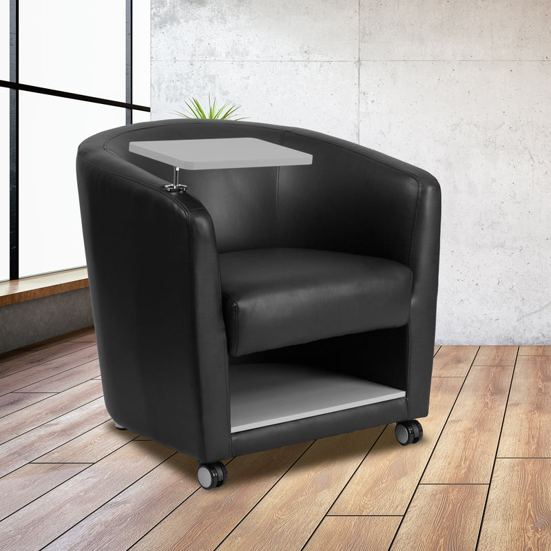 Black LeatherSoft Guest Chair with Tablet Arm, Front Wheel Casters and Under Seat Storage