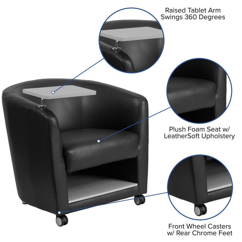 Black LeatherSoft Guest Chair with Tablet Arm, Front Wheel Casters and Under Seat Storage