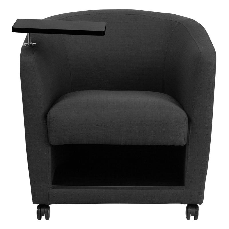 Charcoal Gray Fabric Guest Chair with Tablet Arm, Front Wheel Casters and Under Seat Storage