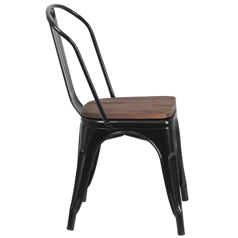 Black Metal Stackable Chair with Wood Seat