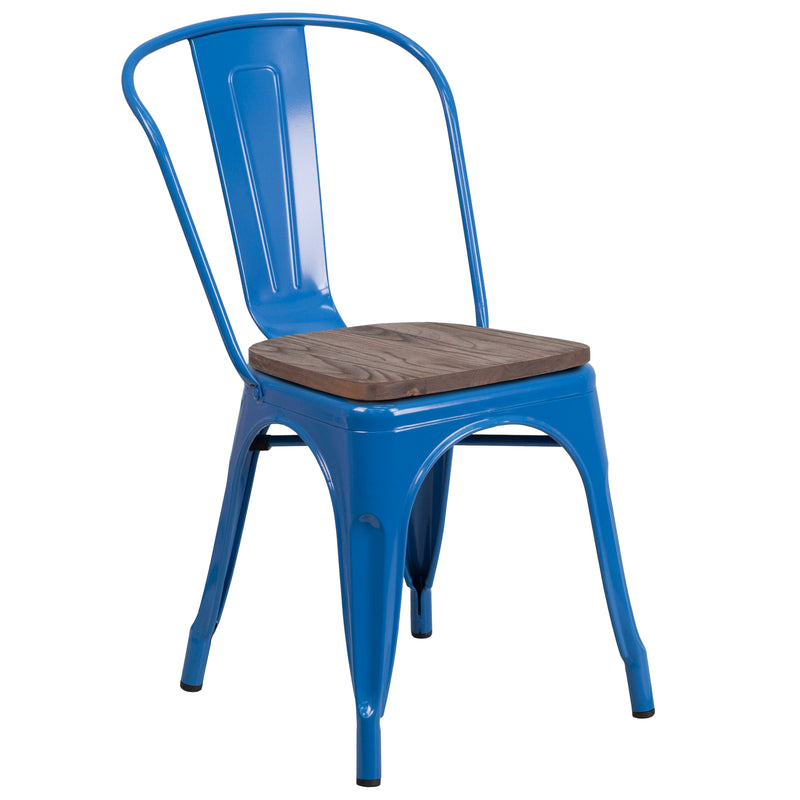 Blue Metal Stackable Chair with Wood Seat