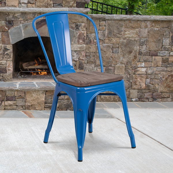 Blue Metal Stackable Chair with Wood Seat