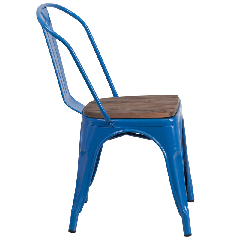 Blue Metal Stackable Chair with Wood Seat