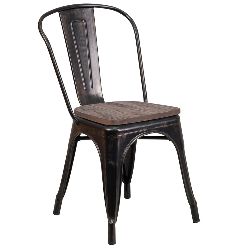 Black-Antique Gold Metal Stackable Chair with Wood Seat