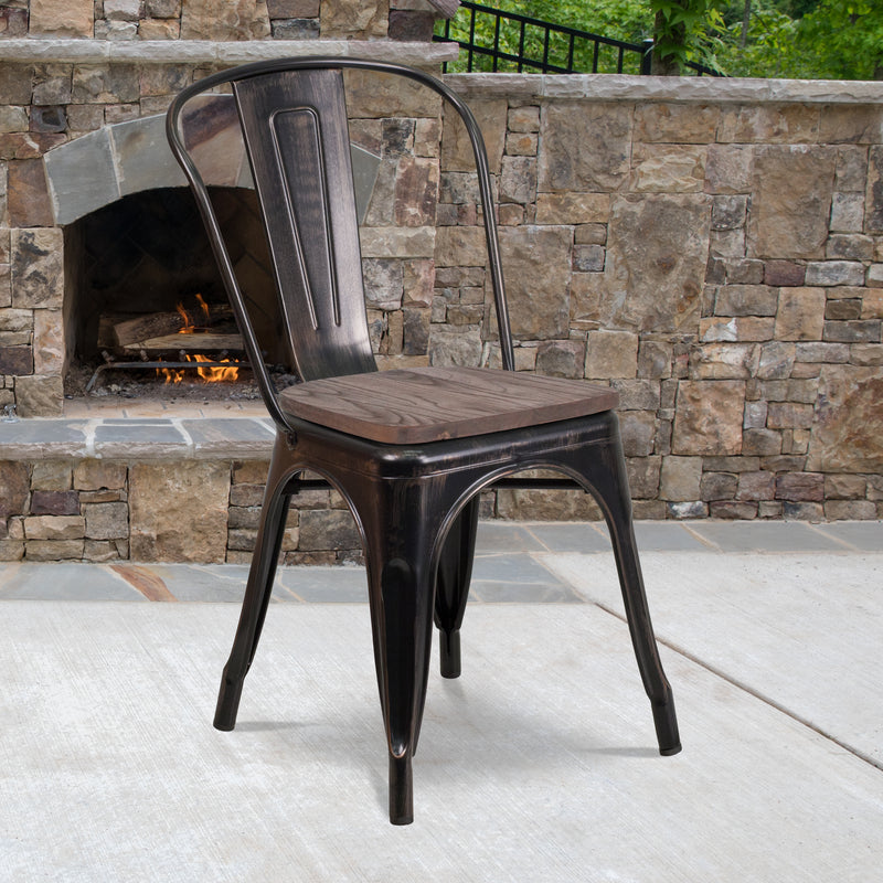 Black-Antique Gold Metal Stackable Chair with Wood Seat