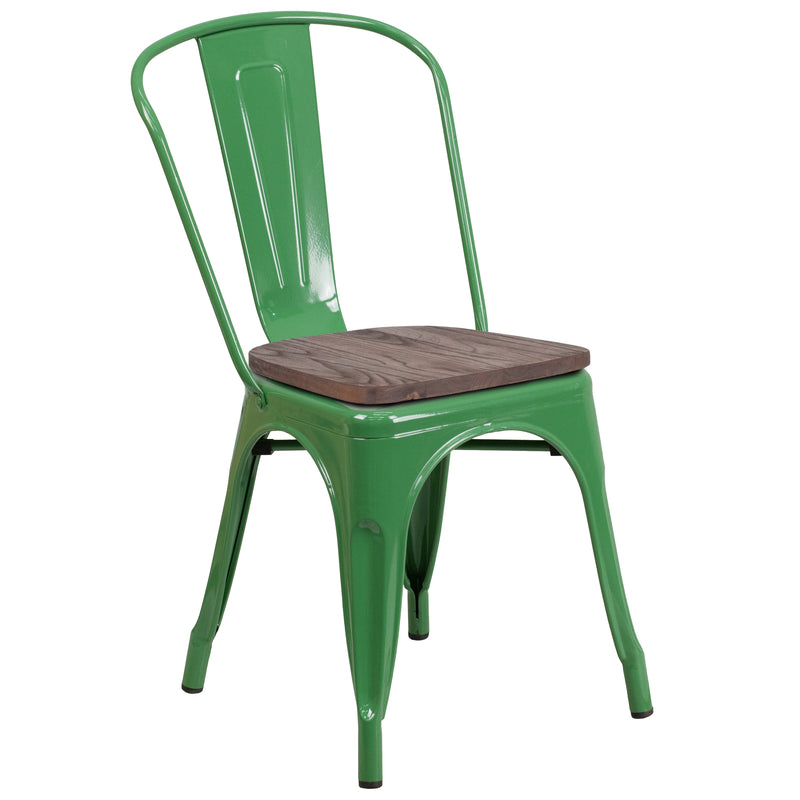 Green Metal Stackable Chair with Wood Seat