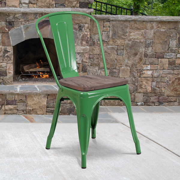 Green Metal Stackable Chair with Wood Seat