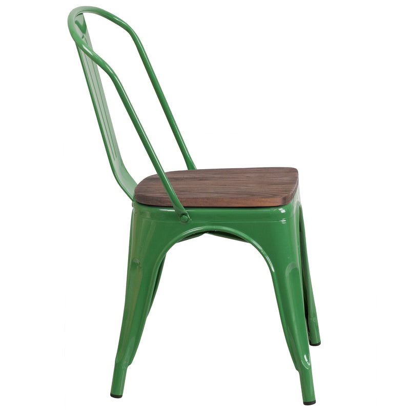 Green Metal Stackable Chair with Wood Seat