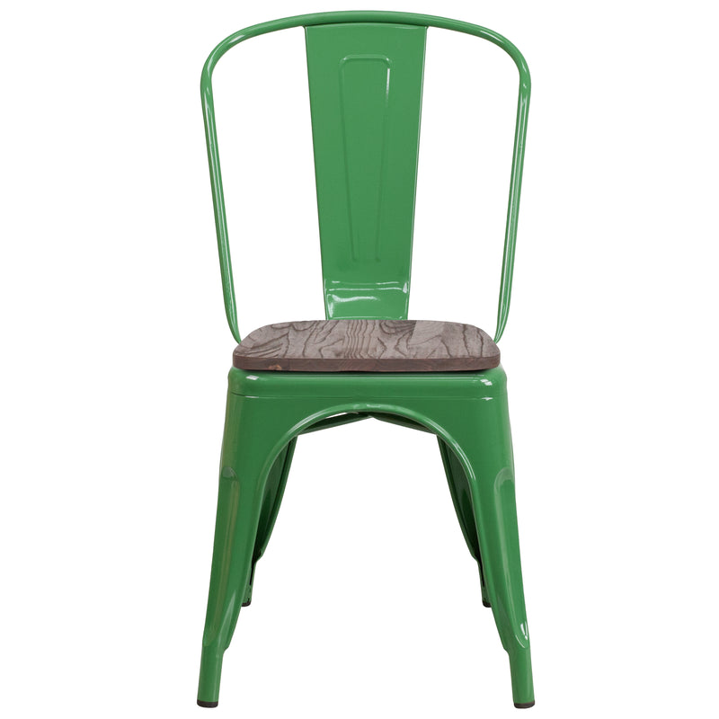 Green Metal Stackable Chair with Wood Seat