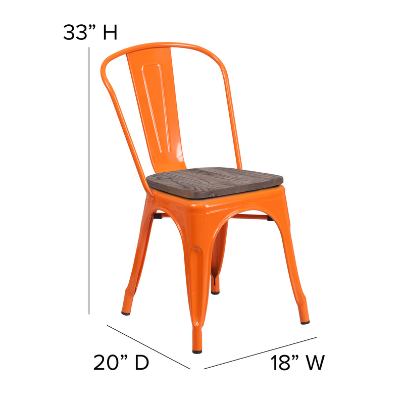 Orange Metal Stackable Chair with Wood Seat